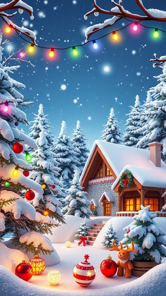 Aesthetic Christmas background in Zepeto with snow-covered trees and colorful decorations.